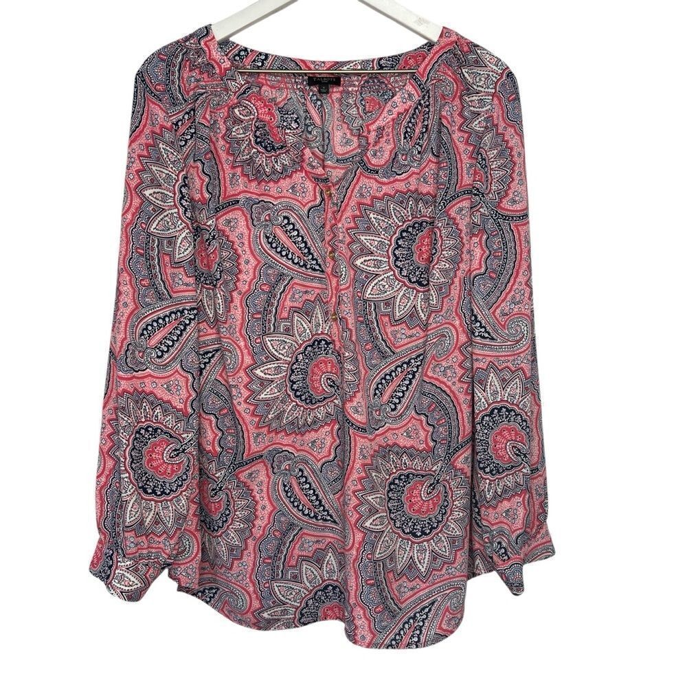 Talbots Paisley Split Neck Blouse size X /12W Pink Black Long Sleeve Popover Top
